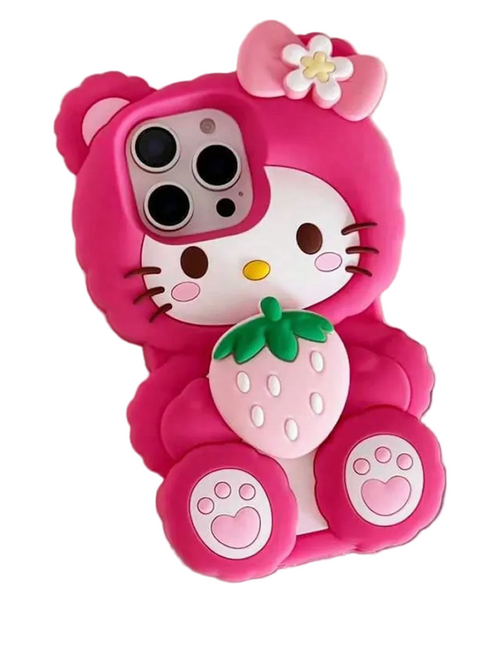 Pink cartoon character phone case with strawberry design on a white background